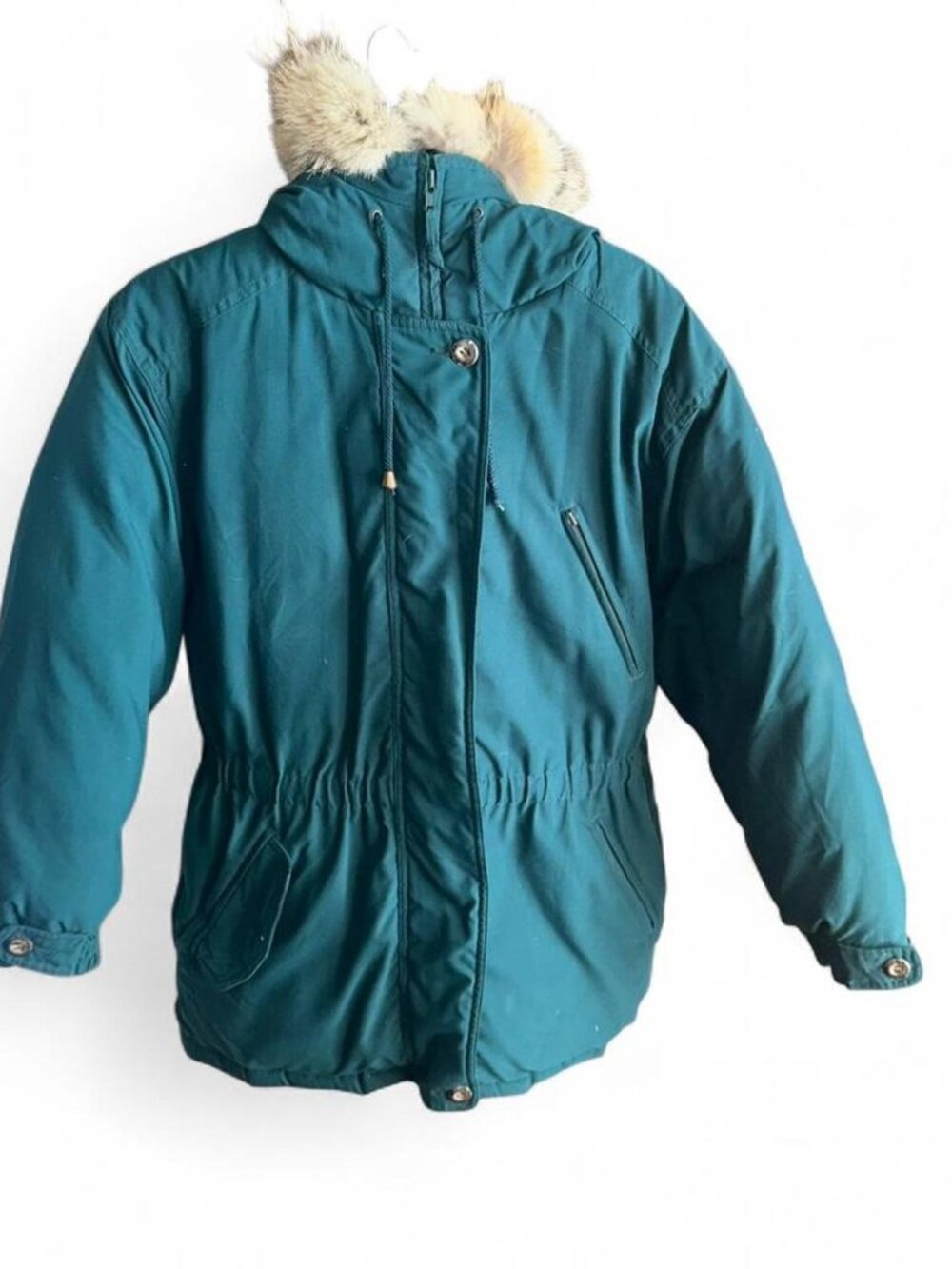 Vintage Eddie Bauer Women Large Premier Polar Parka Green Goose Down Coyote Fur